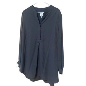 Anne Klein Long Sheer-Sleeve Tunic Mandarin Collar Top Career Black Plus Size 2X